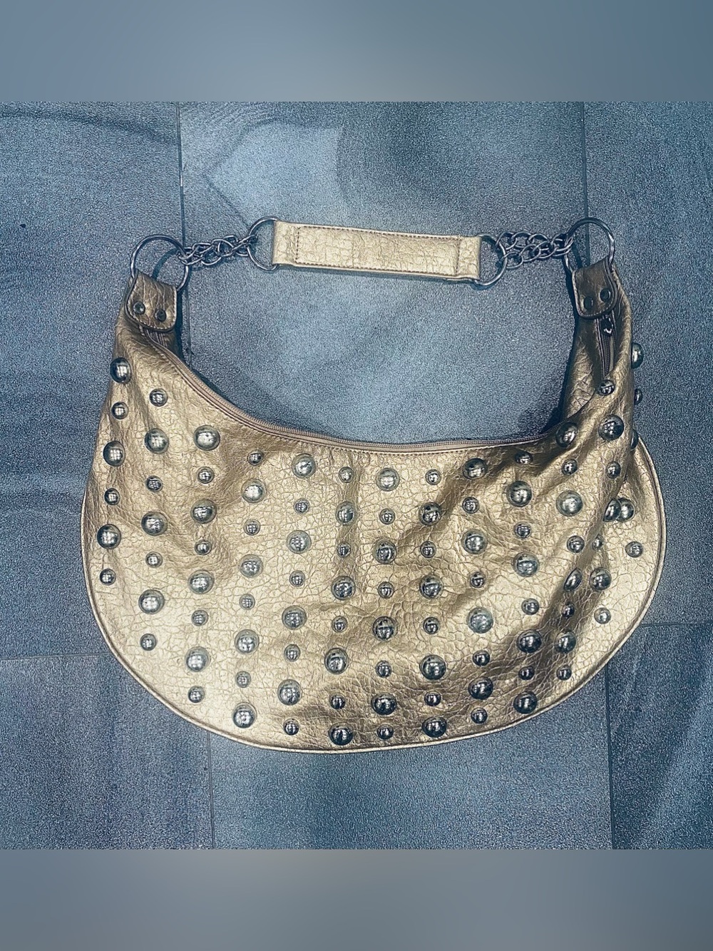 Vintage 90’s Y2K Gold Metallic Leather Bag with Silver Round Studs
